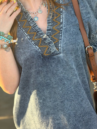 Denim Embroidered V-Neck Dress