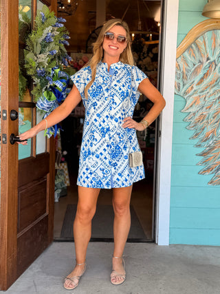 Blue Tile Print Button Down Dress