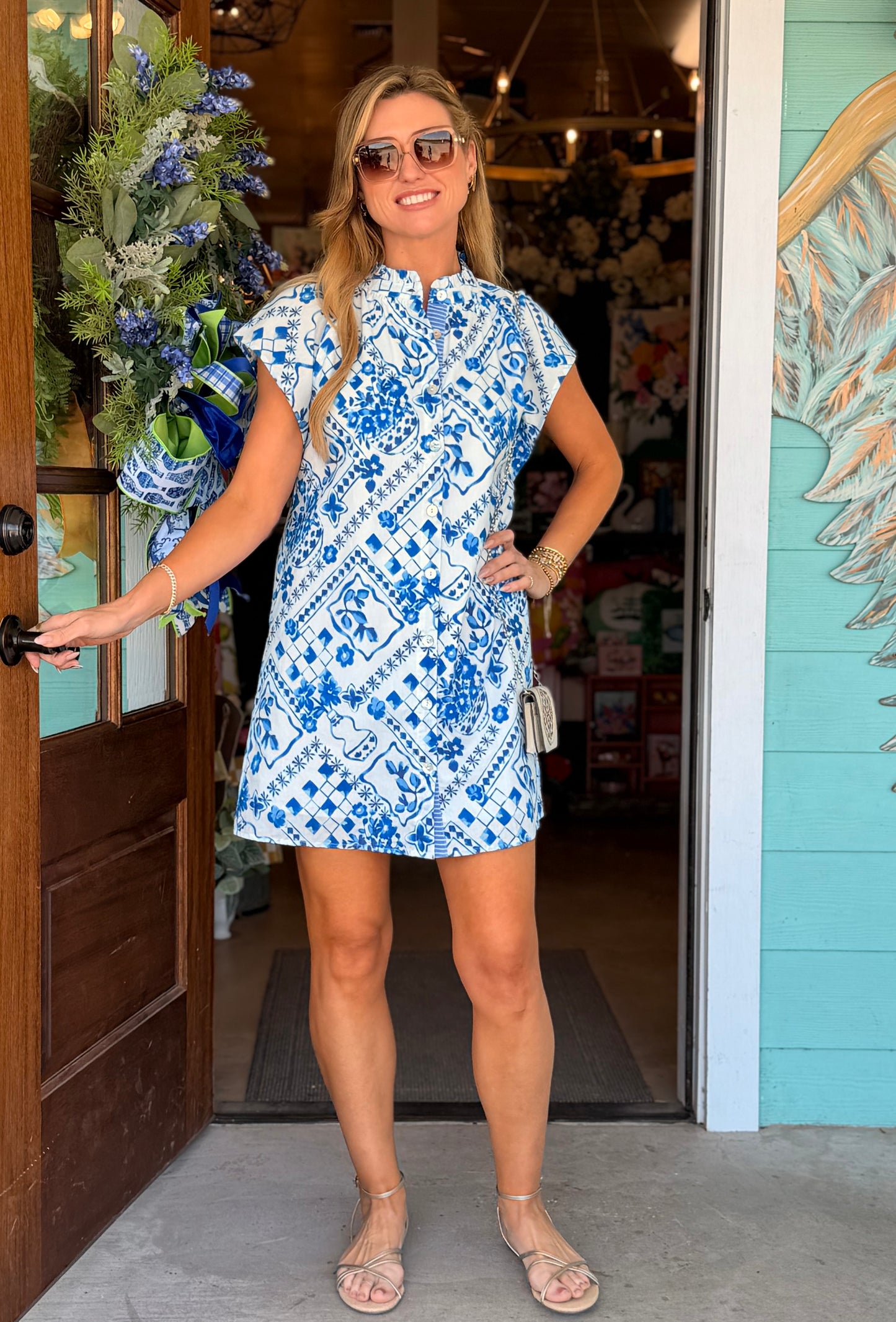 Blue Tile Print Button Down Dress