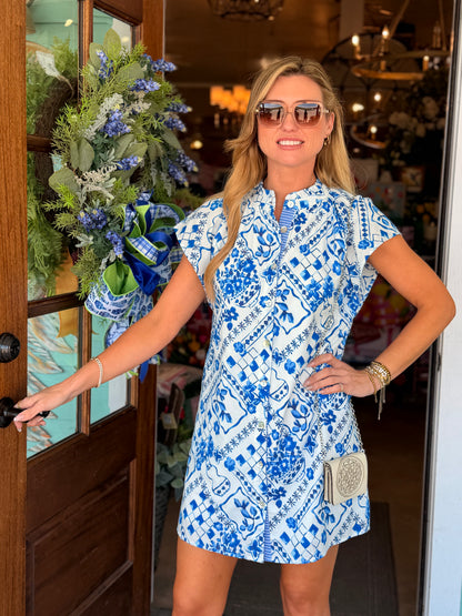 Blue Tile Print Button Down Dress