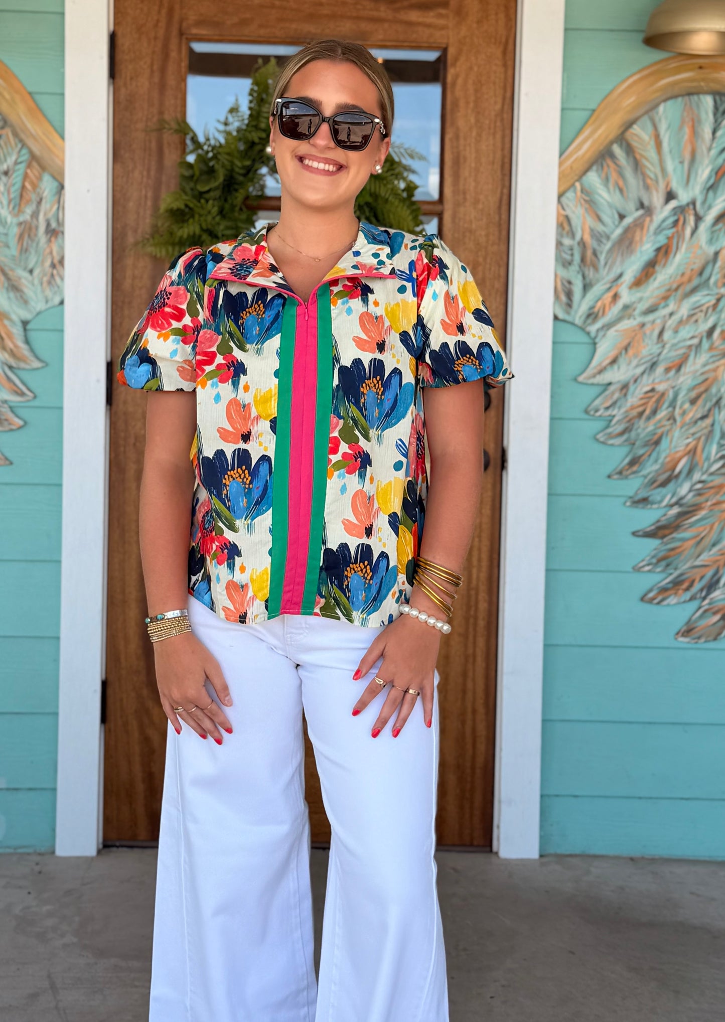 Blue Multi Watercolor Print Top