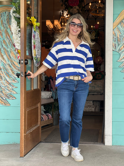 Blue & White Stripe Collared Top