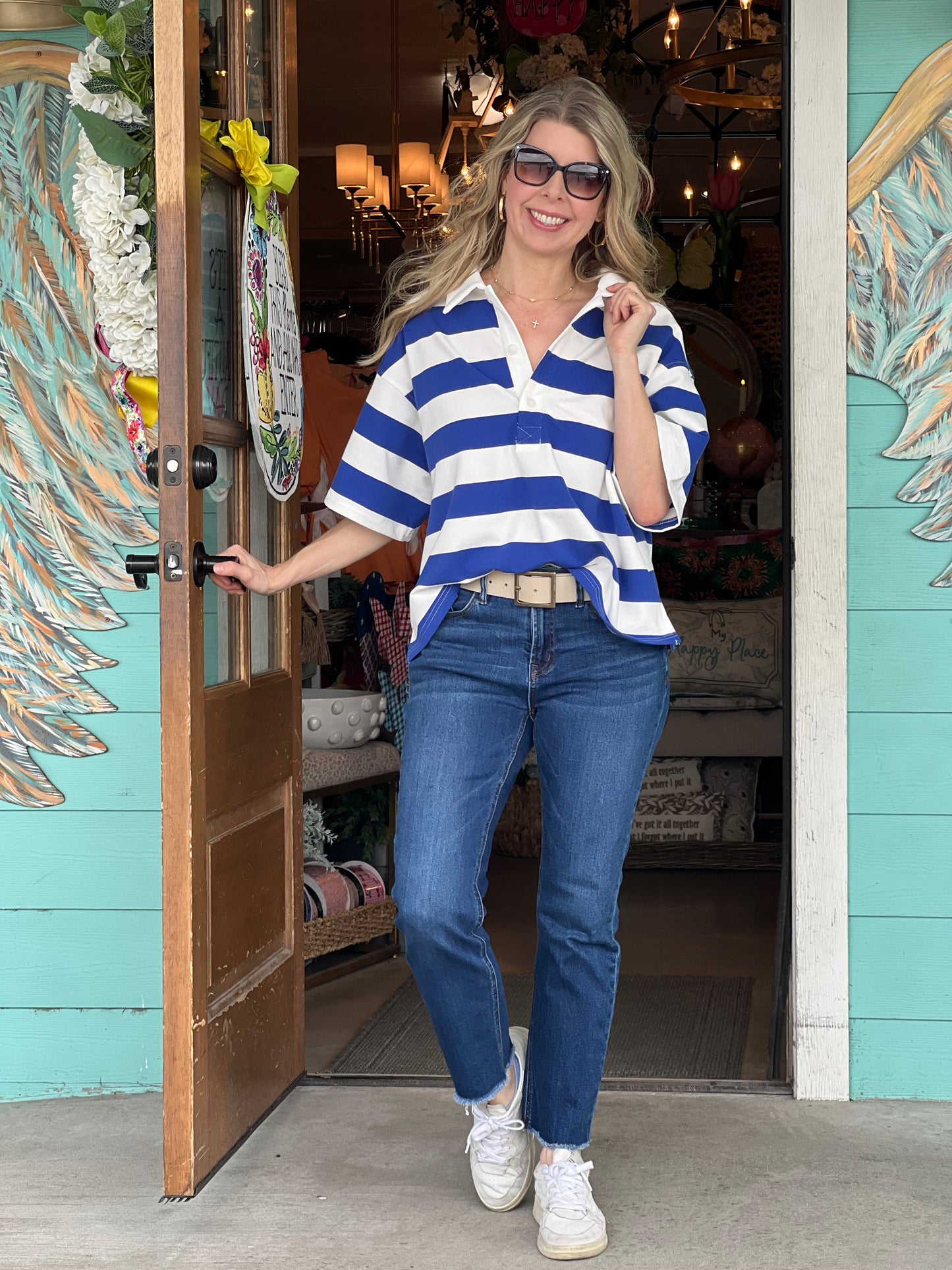 Blue & White Stripe Collared Top