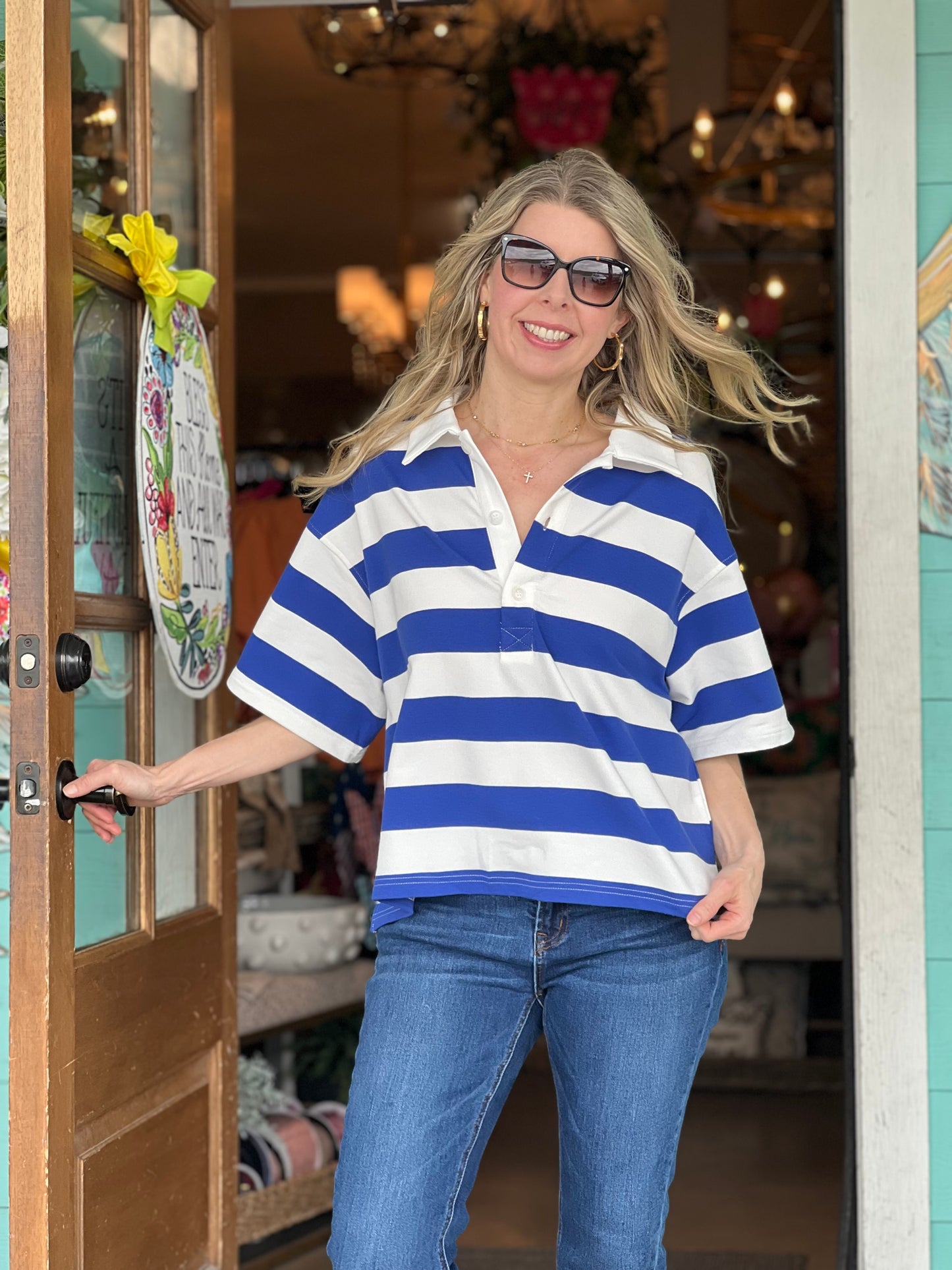 Blue & White Stripe Collared Top