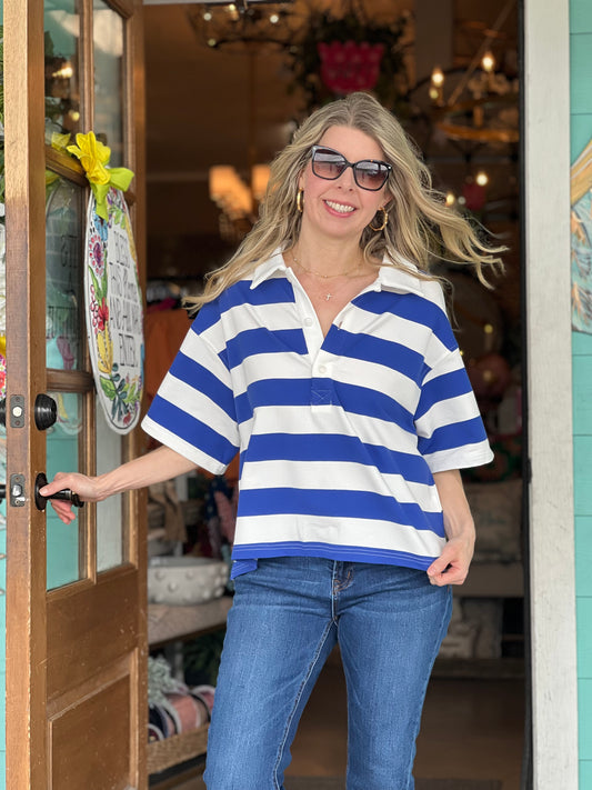 Blue & White Stripe Collared Top