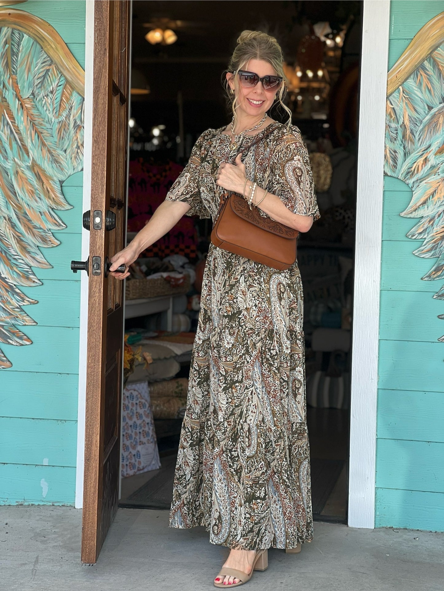 Olive Print Tiered Maxi Dress