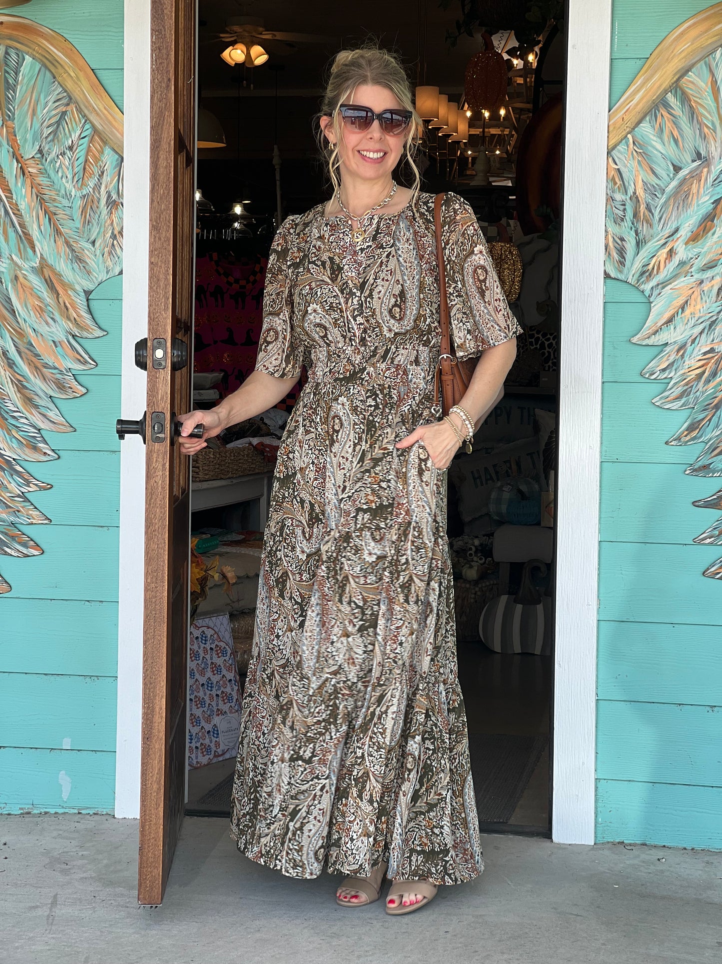 Olive Print Tiered Maxi Dress