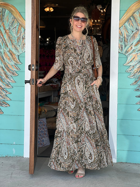 Olive Print Tiered Maxi Dress
