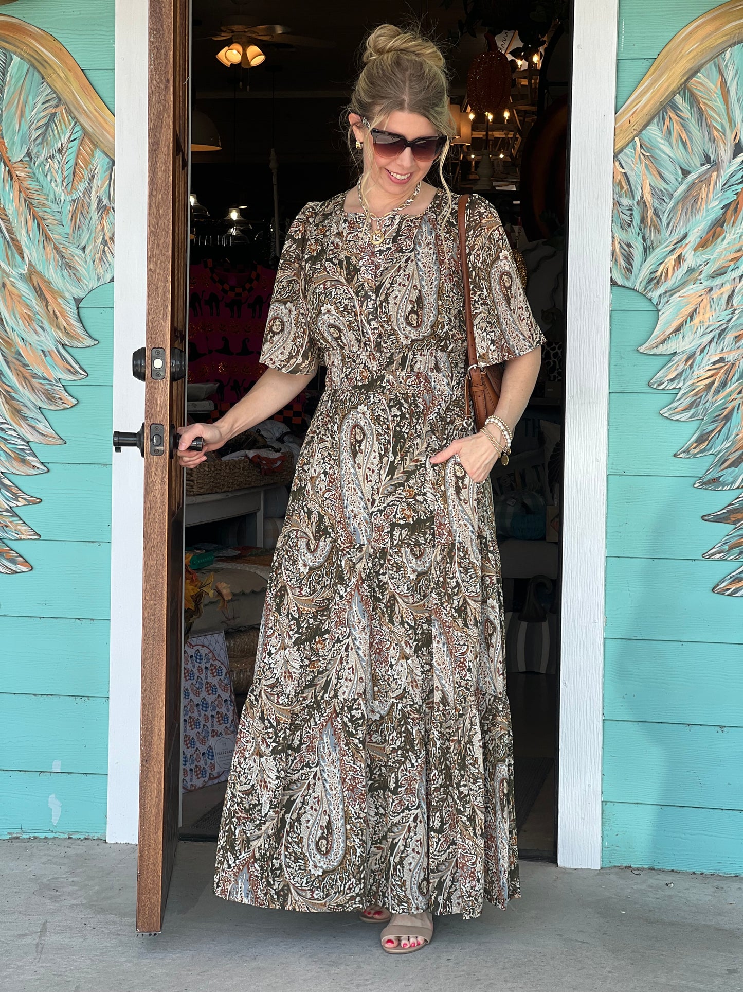 Olive Print Tiered Maxi Dress