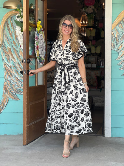 Black Floral Print Midi Dress