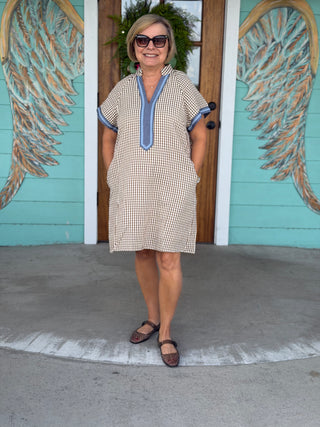 Brown Gingham Blue Trim Detail Dress