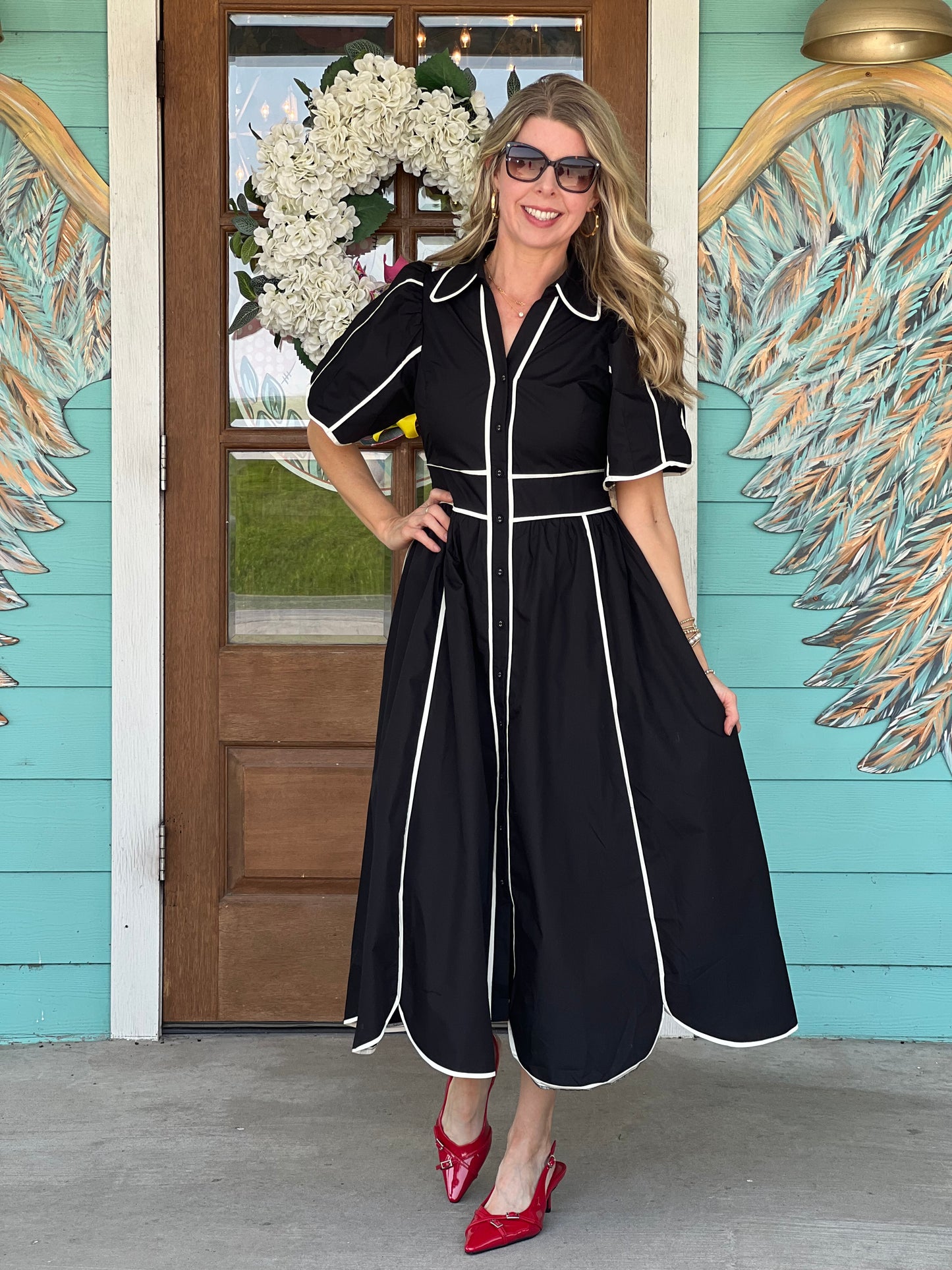 Black Contrast Stitch Midi Dress