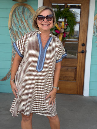 Brown Gingham Blue Trim Detail Dress