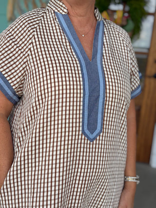 Brown Gingham Blue Trim Detail Dress