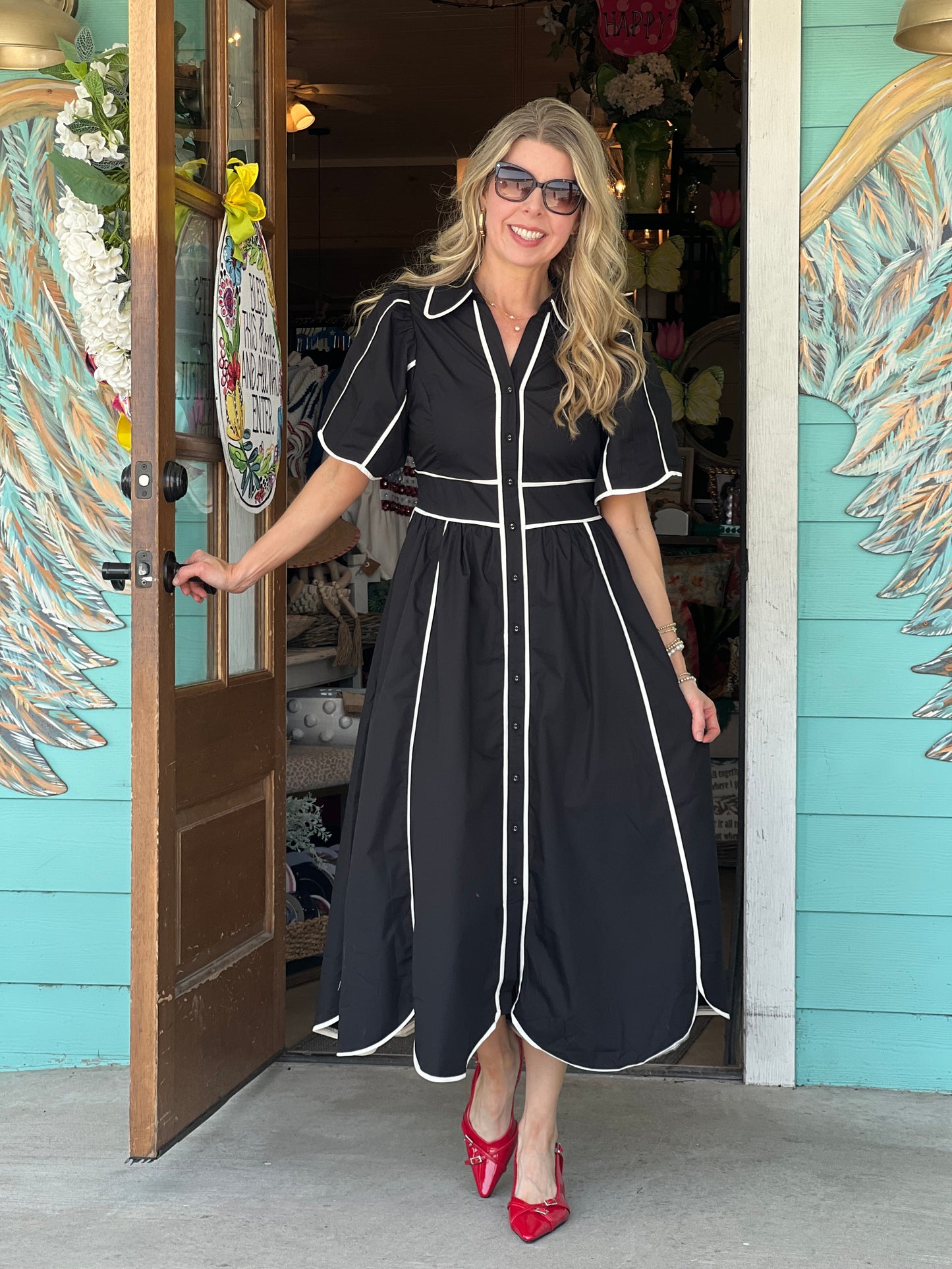 Black Contrast Stitch Midi Dress