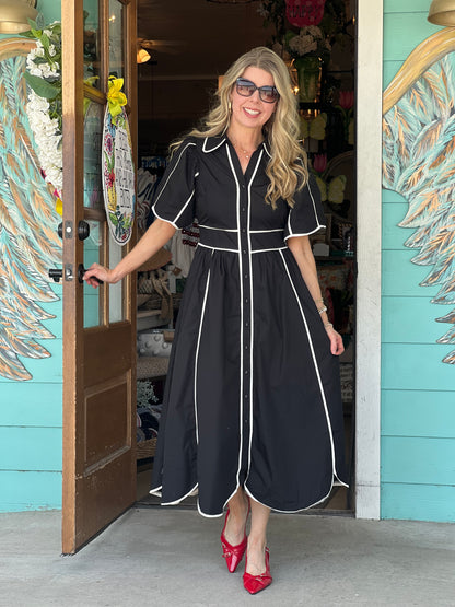Black Contrast Stitch Midi Dress