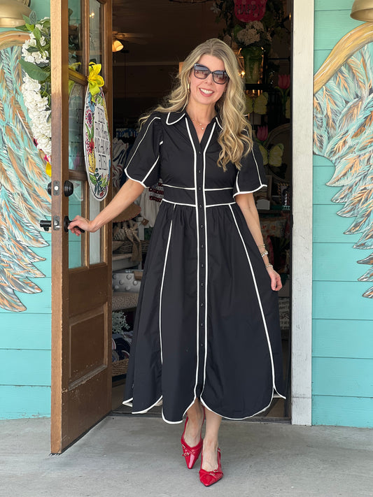 Black Contrast Stitch Midi Dress