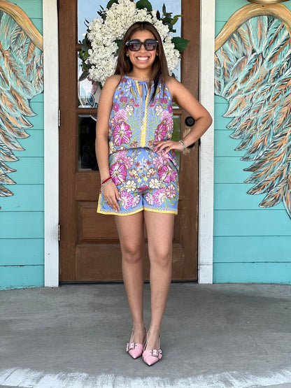 Chambray Blue Floral Shorts