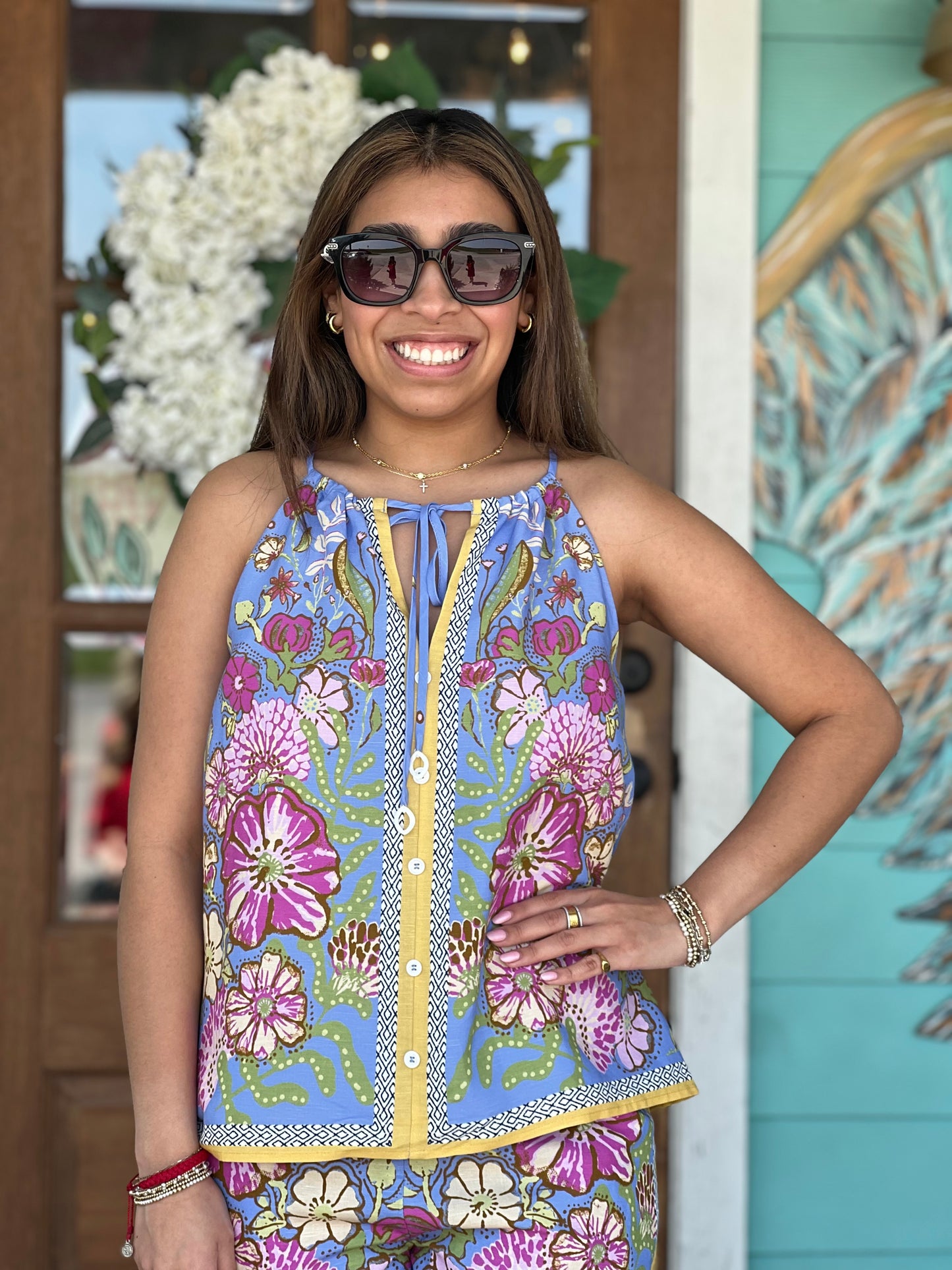 Chambray Blue Floral Sleeveless Top
