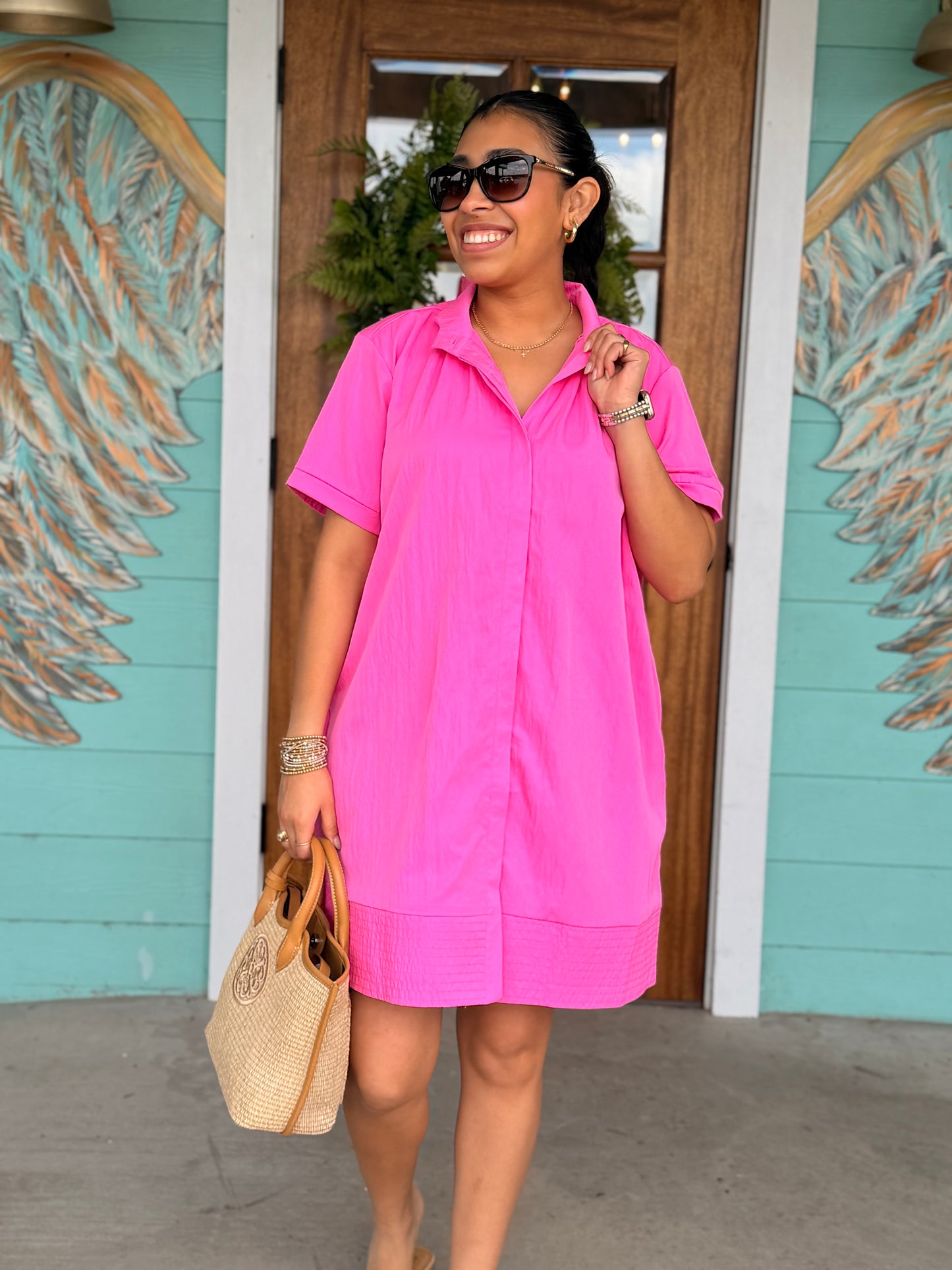 Pink Stand Collar Button Down Dress