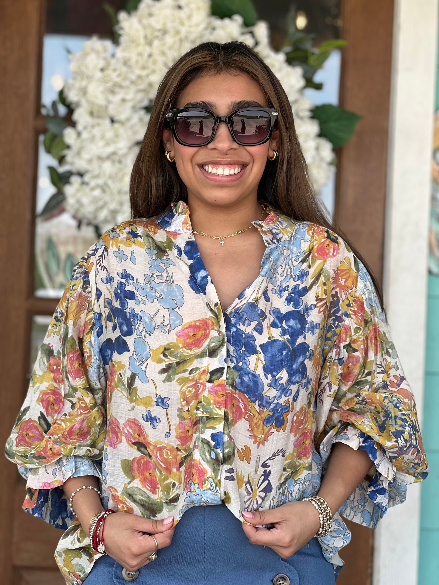 Blue Floral Mix Balloon Sleeve Top