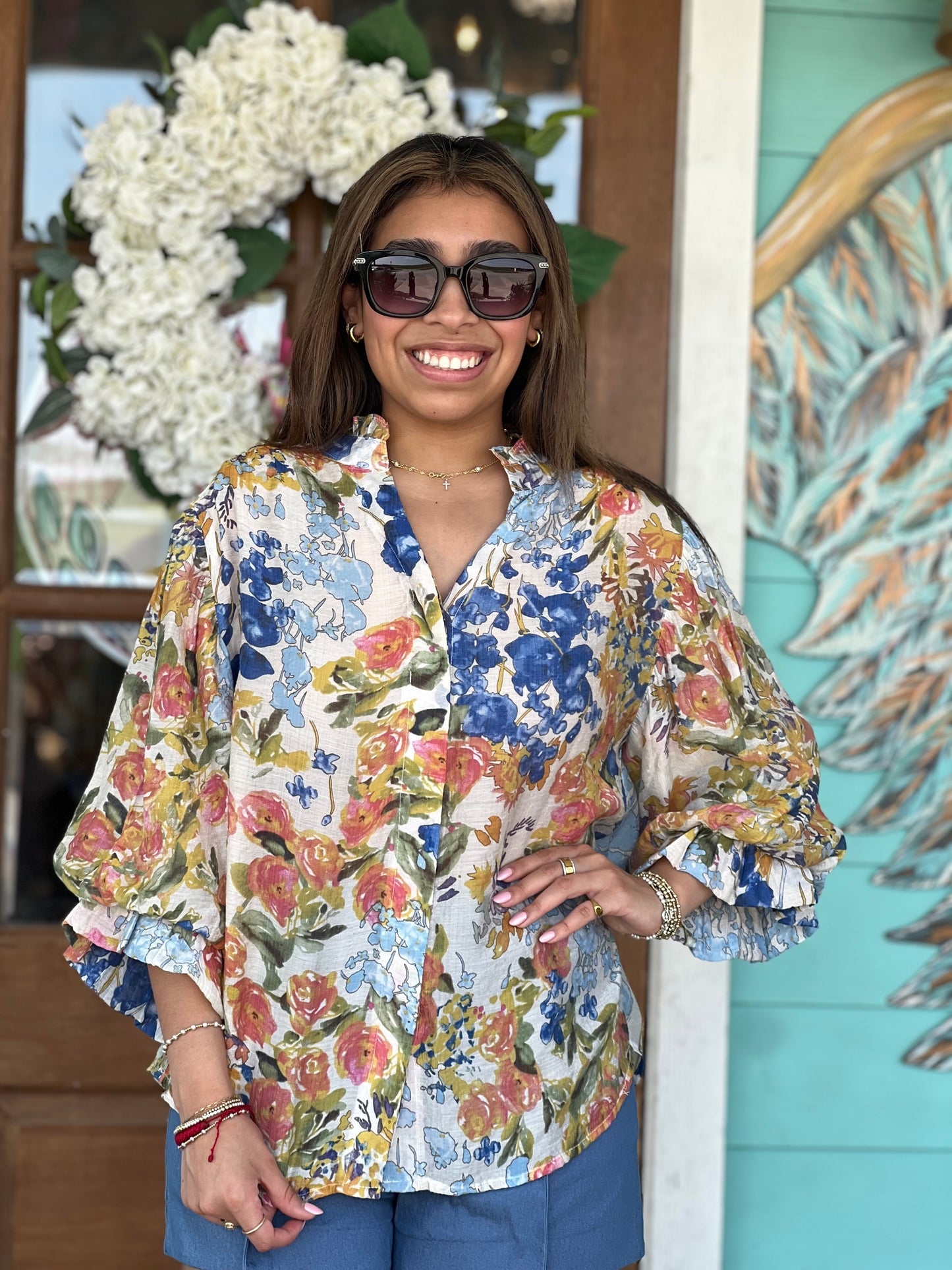 Blue Floral Mix Balloon Sleeve Top