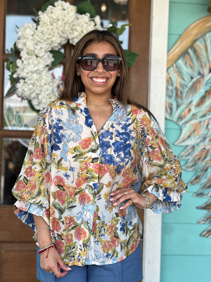 Blue Floral Mix Balloon Sleeve Top