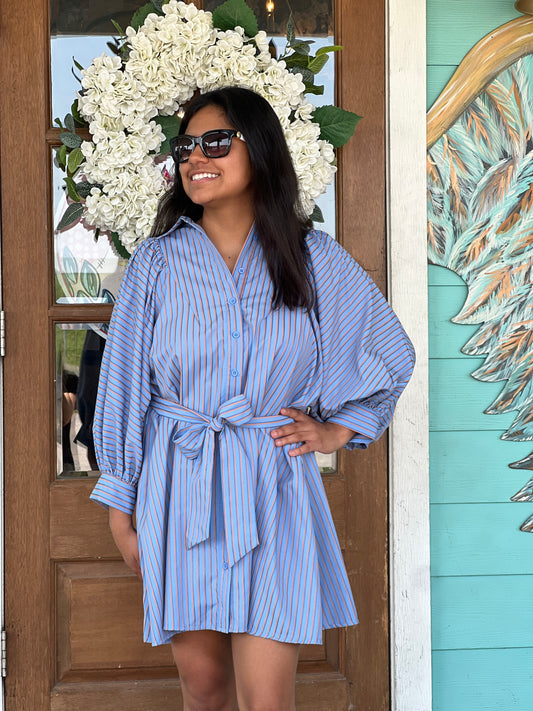 Blue Stripe Collar Mini Dress
