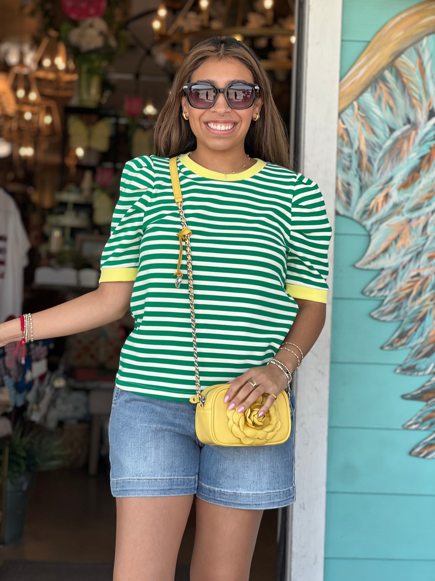 Green Stripe Puff Sleeve Top