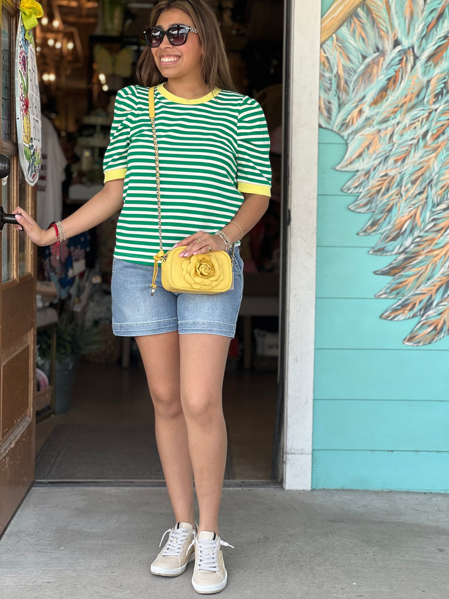 Green Stripe Puff Sleeve Top