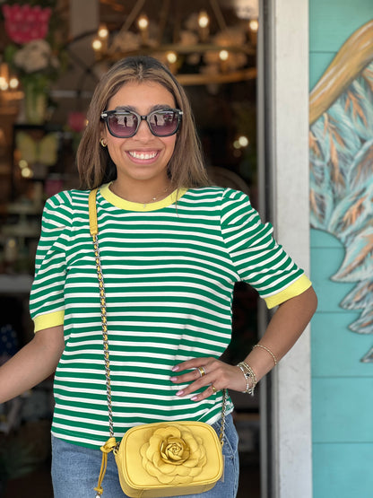 Green Stripe Puff Sleeve Top