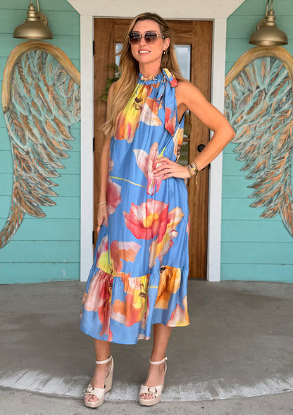 Blue Floral Tie Neck Detail Midi Dress