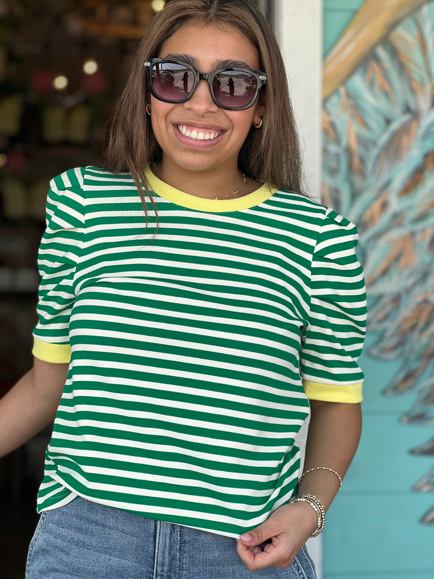 Green Stripe Puff Sleeve Top