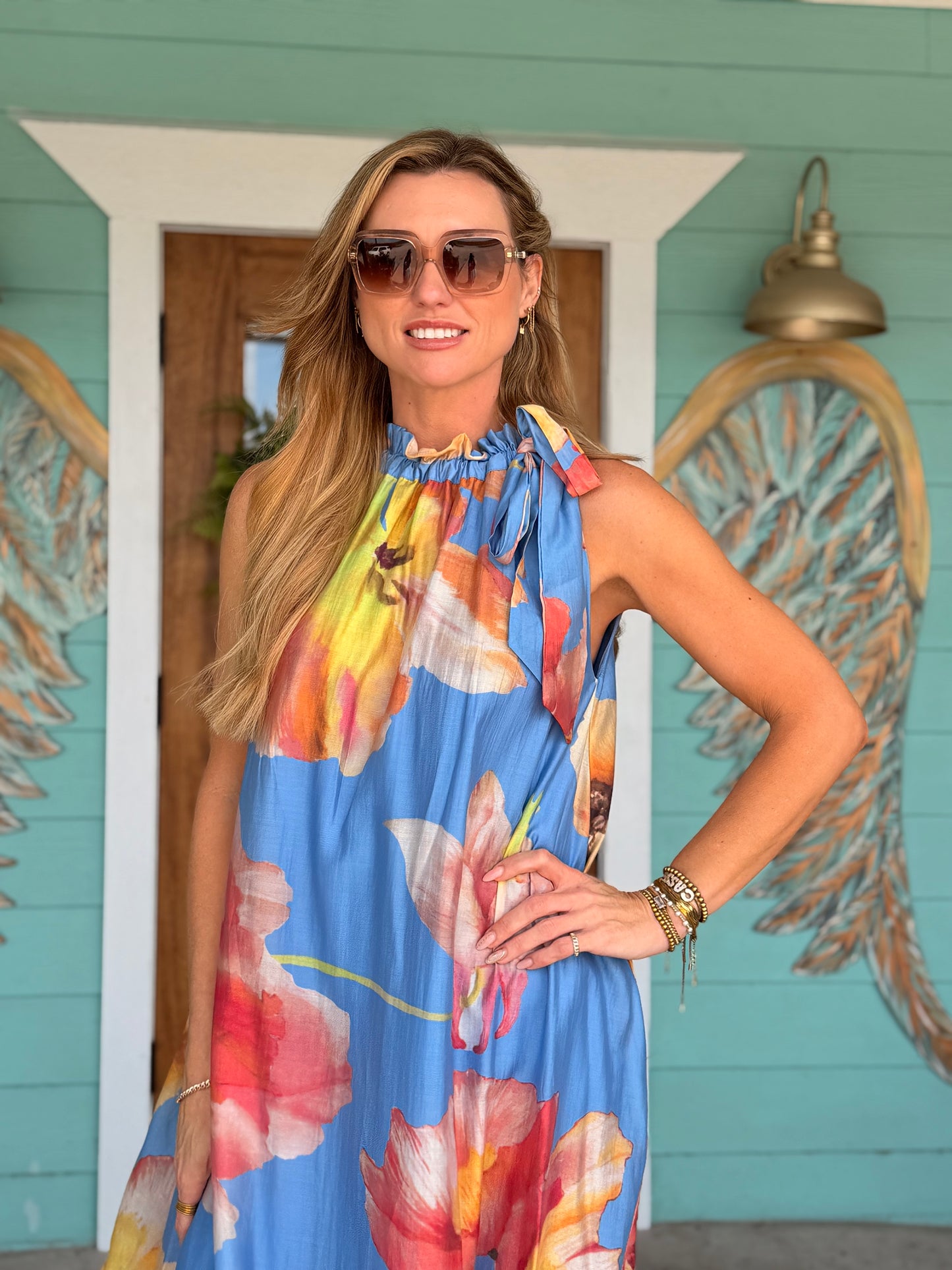 Blue Floral Tie Neck Detail Midi Dress