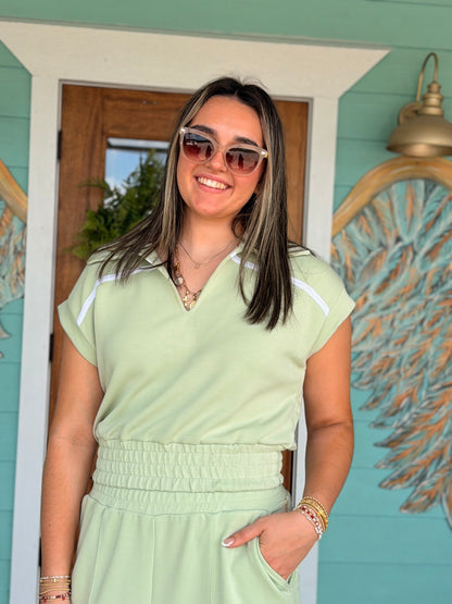 Sage V-Neck Pip Gather Top