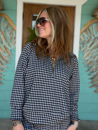 Navy Gingham Half Zip Pullover Top