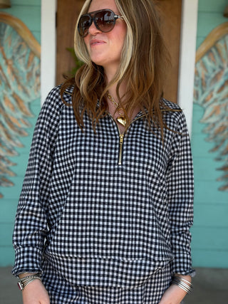 Navy Gingham Half Zip Pullover Top