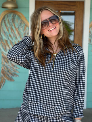 Navy Gingham Half Zip Pullover Top