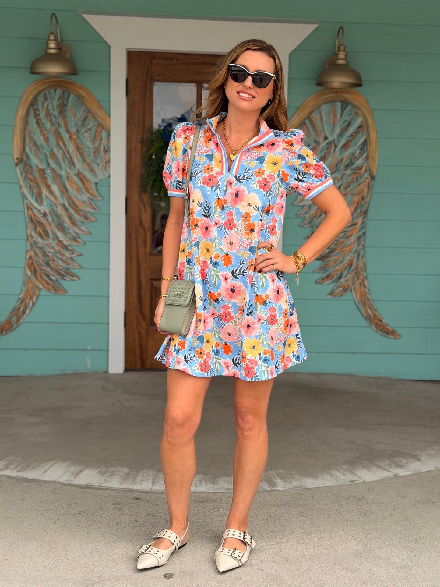 Blue Floral Mix Stripe Band Dress