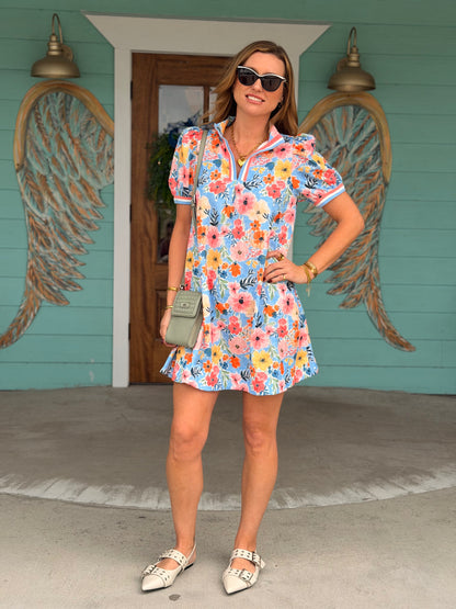 Blue Floral Mix Stripe Band Dress