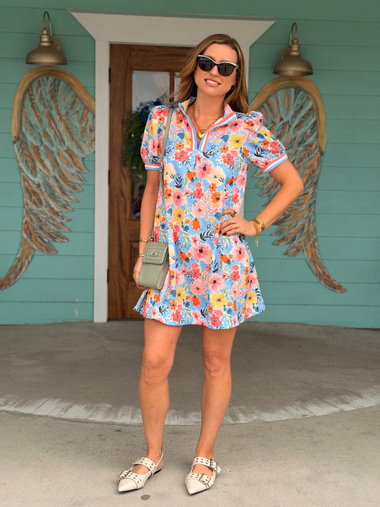 Blue Floral Mix Stripe Band Dress