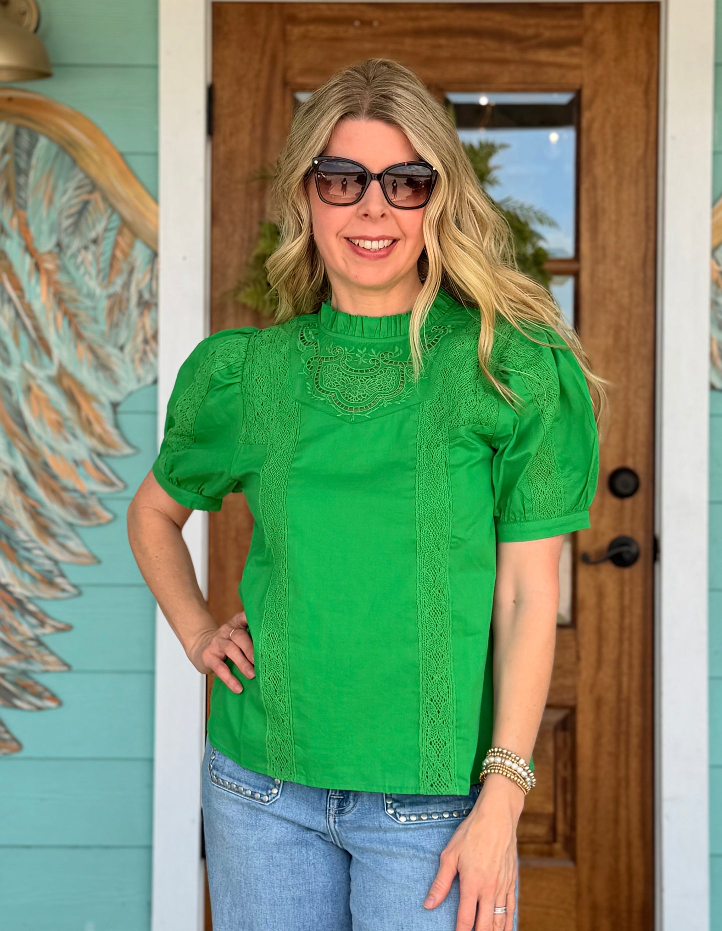Green Lace Detail Mock Neck Top