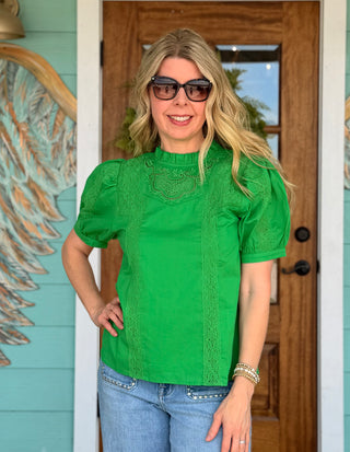Green Lace Detail Mock Neck Top