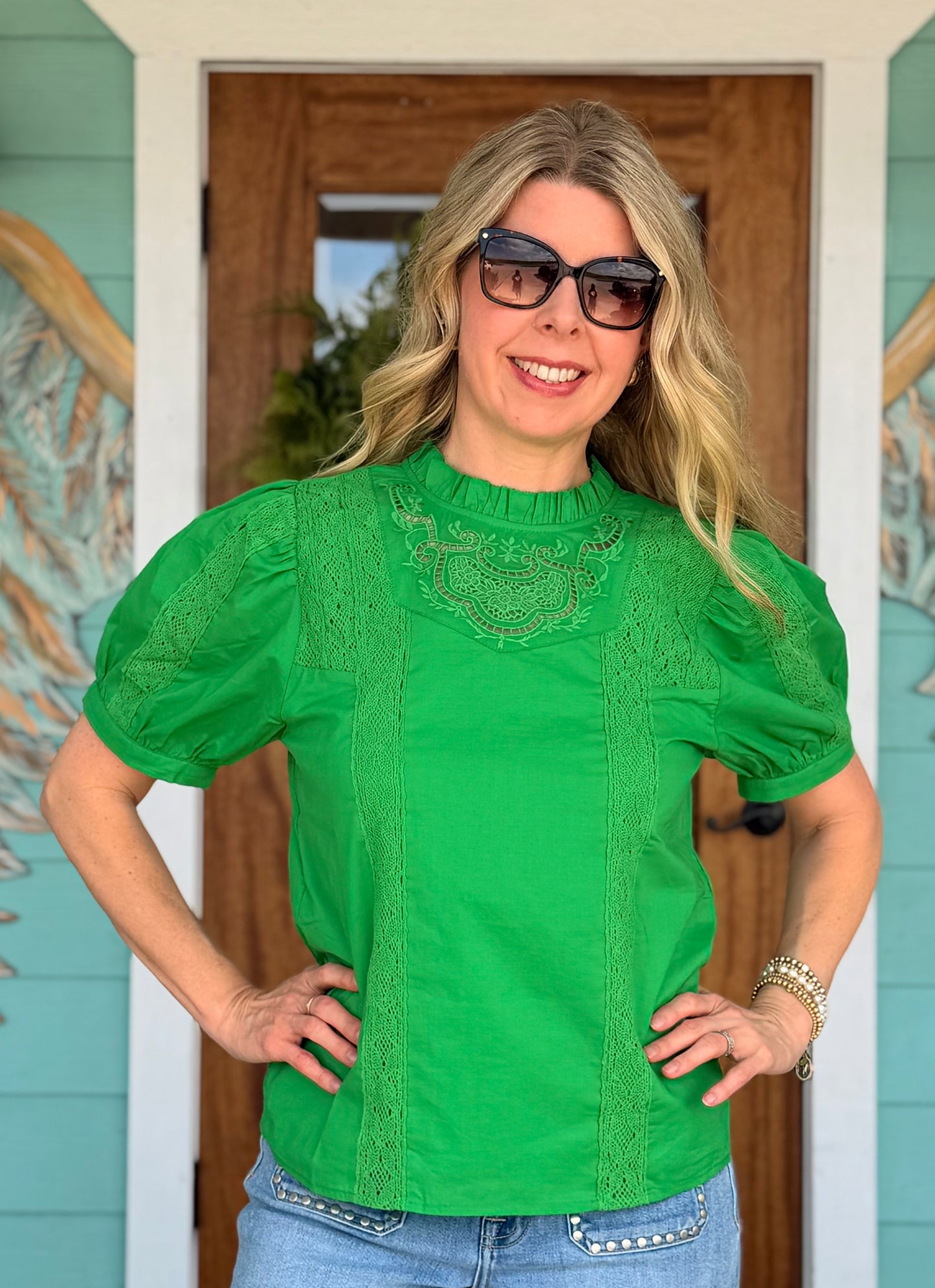 Green Lace Detail Mock Neck Top