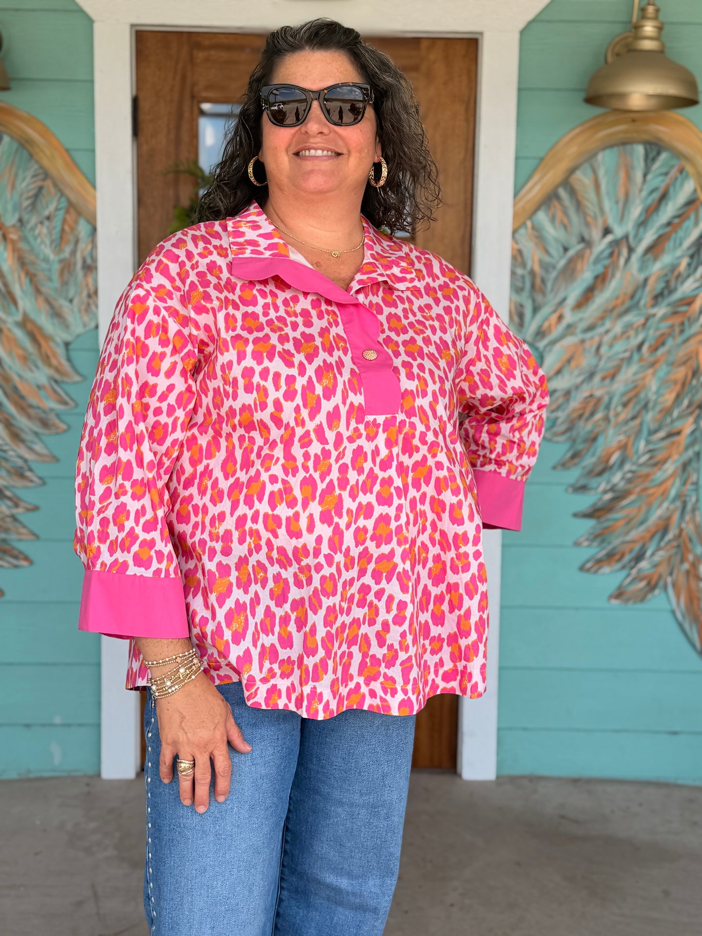 Pink Leopard Print 3/4 Sleeve Top