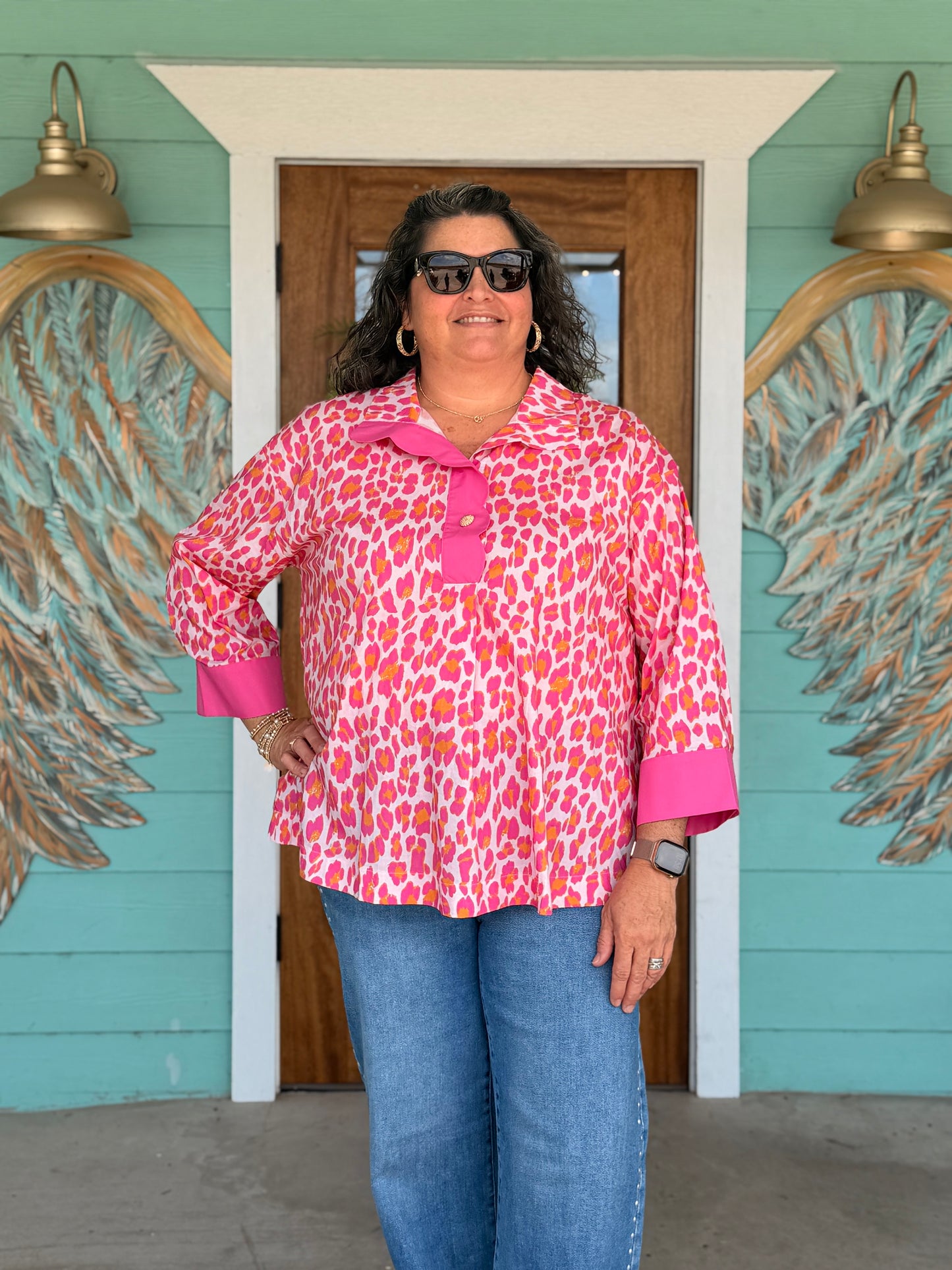 Pink Leopard Print 3/4 Sleeve Top