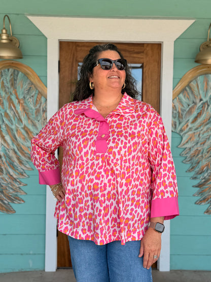 Pink Leopard Print 3/4 Sleeve Top