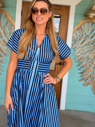 Navy Blue Striped Zip Midi Dress