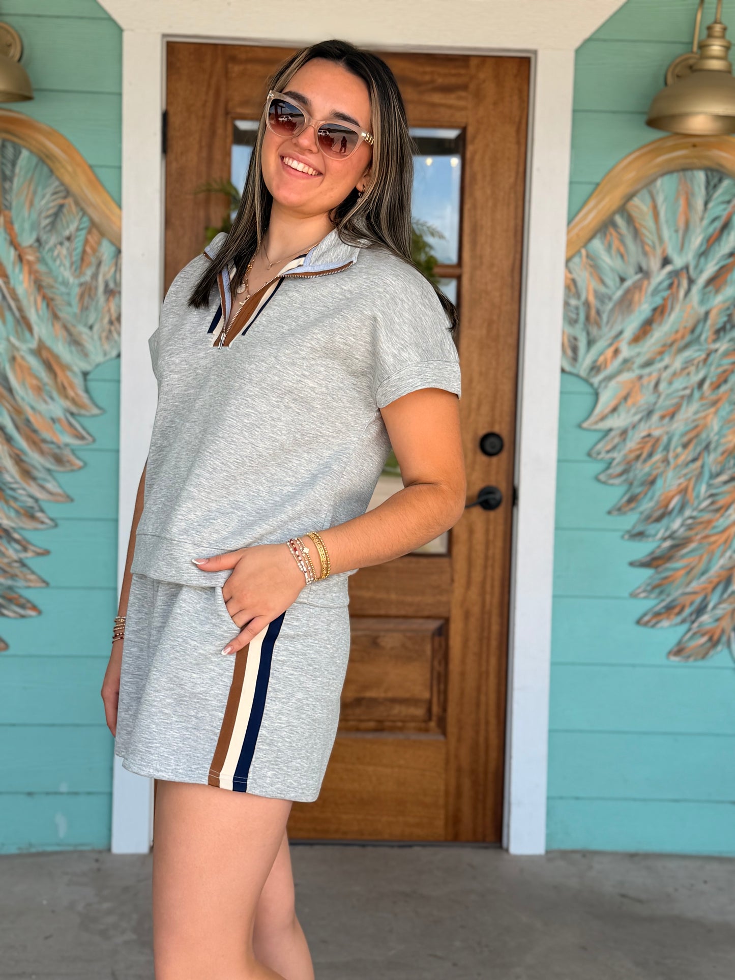 Grey Stripe Detail Short Set