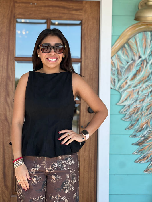 Black  Peplum Faux Suede Top